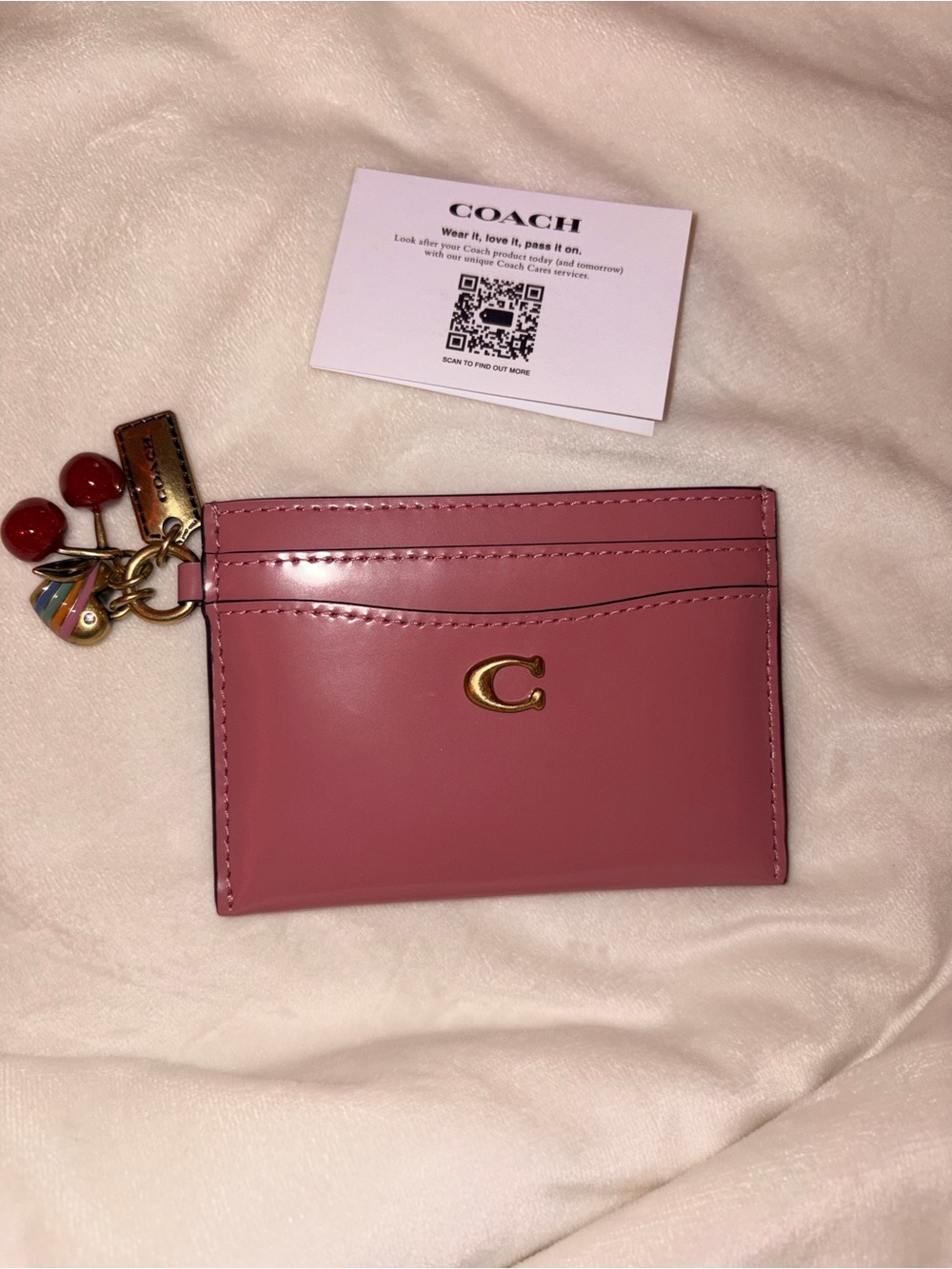 Coach Pink Leather Card Holder with Charm Accent